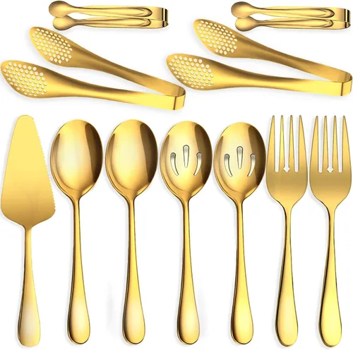 Miniatura 18 de 10 utensilios de acero inoxidable para servir, grandes cucharas ranuradas, tenedores de servir, pinzas para servir, pinzas para azúcar, juego