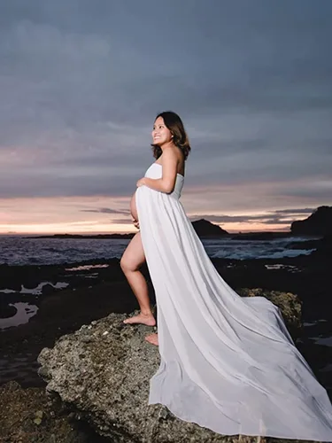 Miniatura 2 de Vestido de maternidad sin tirantes para mujer, con hombros descubiertos, para fotografía, vestido de gasa con abertura frontal para sesión de fotos