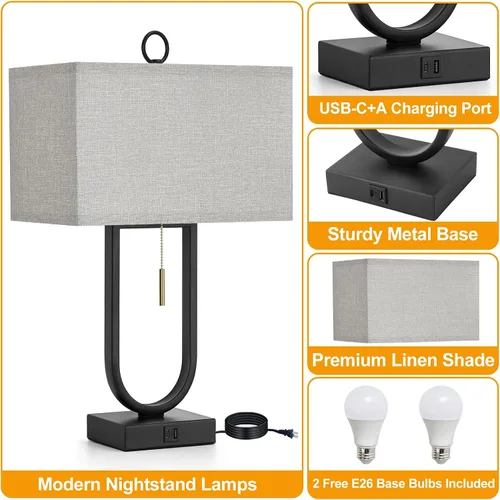 Miniatura 6 de Luvkczc Juego de 2 lámparas de mesita de noche con puertos USB C+A, lámpara de mesa de 24 pulgadas de alto con dos bombillas LED de 3000 K, pantalla