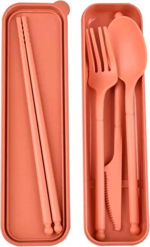 Miniatura 8 de Juego de utensilios para acampar, juego de utensilios reutilizables con estuche, juego de cubiertos de plástico tenedores cuchara vajilla palillos