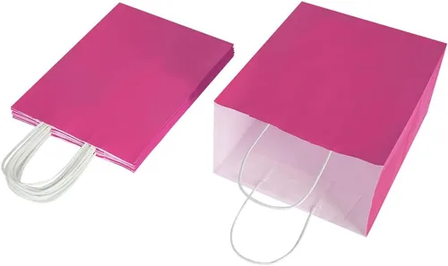 Miniatura 4 de Oikss Paquete de 100 bolsas de papel kraft medianas de 8 x 4.75 x 10 pulgadas con asas a granel para cumpleaños, bodas, fiestas, comestibles, Fucsia