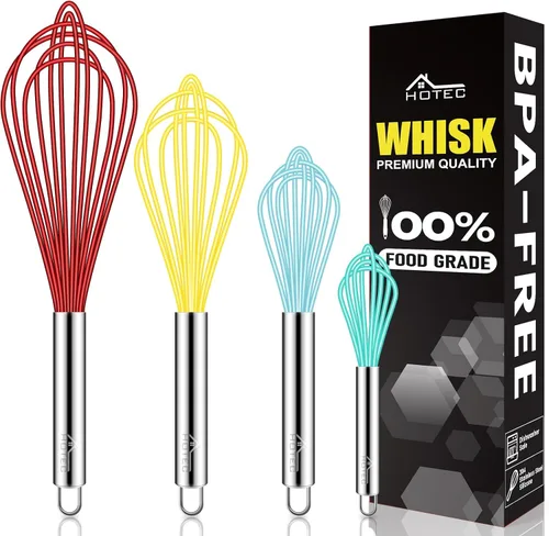 Miniatura 19 de HOTEC Juego de 4 batidores de silicona, batidores de alambre para cocinar huevos, batidor de mango antideslizante para utensilios de cocina