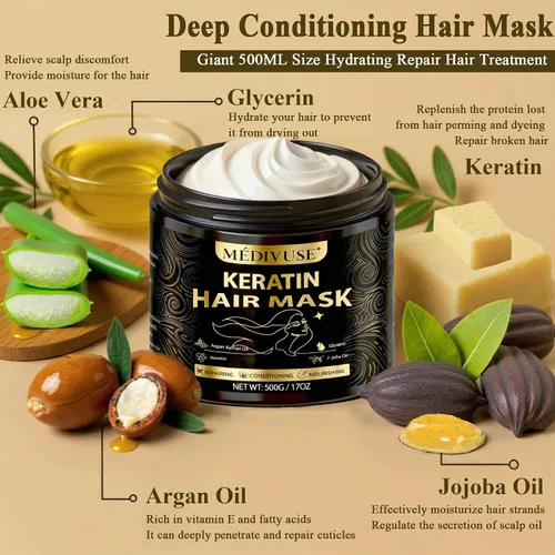 Miniatura 2 de Mascarilla acondicionadora profunda para el cabello - Máscara de queratina con aceite de argán - Tamaño gigante de 500ML Aceite de jojoba natural