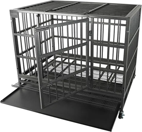 Miniatura 11 de Jaula indestructible para perros, 47 pulgadas, jaula para perros de alta ansiedad con bandejas extraíbles, ruedas y puerta doble, para perros