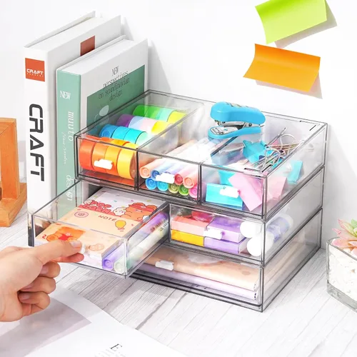 Miniatura 2 de Organizador de Escritorio Apilable de 3 Niveles con 6 Cajones, YOCOMEY Caja de Almacenamiento de Escritorio de Plástico con Cajones, Organizador