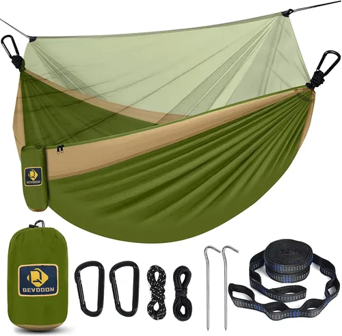 Miniatura 12 de Hamaca de camping con red, hamaca doble portátil ligera con correas para árbol y mosquetones sólidos en forma de D, hamaca de nailon de paracaídas