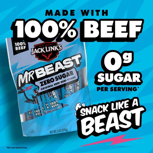 Miniatura 4 de Jack Link’s x MrBeast Mini Palitos de Ternera Sin Azúcar – 6g de Proteína por 2 Palitos de Carne Envueltos Individualmente, Hechos con 100% Ternera