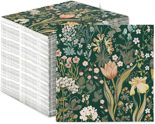 Paquete de 80 servilletas de papel florales vintage de primavera, servilletas desechables de flores retro, plantas verdes, servilletas decorativas