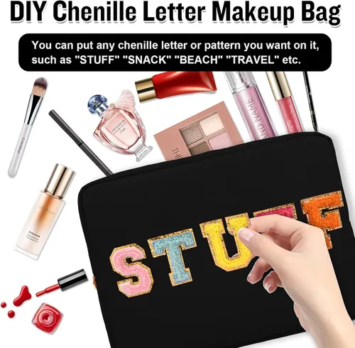 Miniatura 7 de Bolsa de maquillaje grande de nailon para viaje para mujeres, bolsa de cosméticos con cremallera negra grande preppy linda, bolsa de chenilla