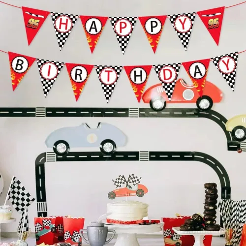 Miniatura 7 de Cartel de feliz cumpleaños de coche de carreras, cartel de fiesta temática de carreras, decoraciones de bandera a cuadros