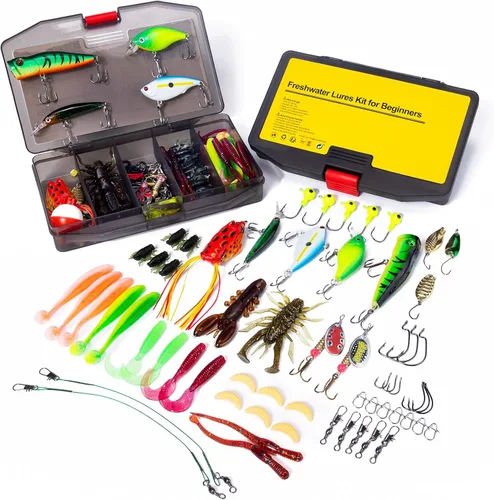 Kit de Accesorios de Señuelos de Pesca GOTOUR con Caja de Aparejos, Anzuelos de Pesca Señuelo de Crankbait de Pececillo, Señuelo de Rana, Señuelo de