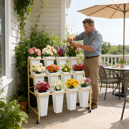 Miniatura 9 de Soporte de exhibición de flores de 3 niveles, soporte móvil de metal para plantas con 12 cubos, carrito de flores con ruedas, adecuado para G
