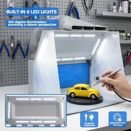Miniatura 3 de HUBEST Kit de cabina de aerosol con 8 luces LED y 16 clips de cocodrilo, cabina de pintura con ventilador de velocidad ajustable con manguera
