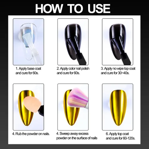 Miniatura 9 de Kit de polvo de uñas cromado de 6 colores, polvo cromado negro dorado rosa para uñas, pigmento de efecto espejo mágico, polvo metálico de frotación