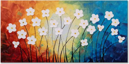 Miniatura 2 de Yihui Arts Pintura al óleo pintada a mano con flores texturizadas sobre lienzo, arte de pared floral blanco abstracto colorido para sala de estar