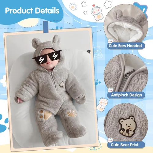 Miniatura 2 de Fairy Baby Traje de nieve para bebé recién nacido, con oso y mameluco de forro polar grueso, abrigo infantil para niñas y niños de 0 a 12 meses