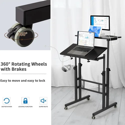 Miniatura 6 de Hadulcet Escritorio móvil de pie con estación de carga, escritorio ajustable para computadora de pie, carrito ajustable para laptop con ruedas