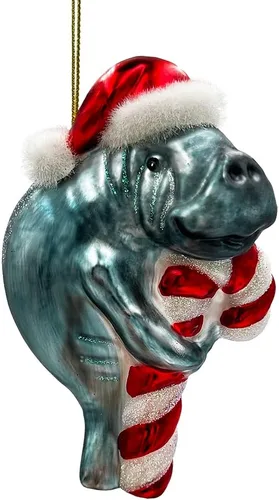 Adorno de cristal acuático de la Navidad del manatí, decoración animal costera del día de fiesta del océano de la vaca del mar