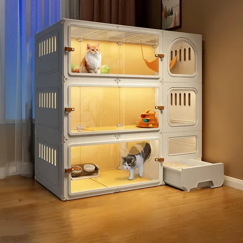 Miniatura 12 de Jaulas grandes para gatos de 2/3/4 niveles para interiores, jaula para gatos con caja de arena, villa para gatos, jaula para gatos