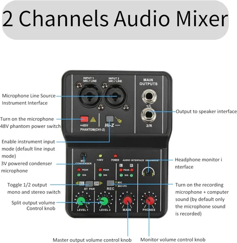 Miniatura 3 de Mini mezclador de audio, 2 canales USB portátil con tarjeta de sonido en vivo, sistema de consola con alimentación fantasma de 48 V, mezclador DJ