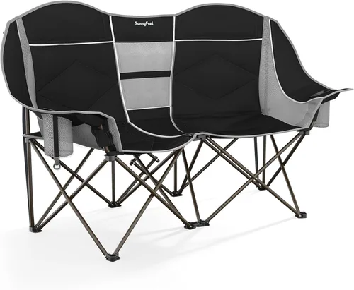 SUNNYFEEL Silla de campamento doble portátil plegable para 2 adultos, sofá de campamento de gran tamaño resistente de 600 libras con portavasos y