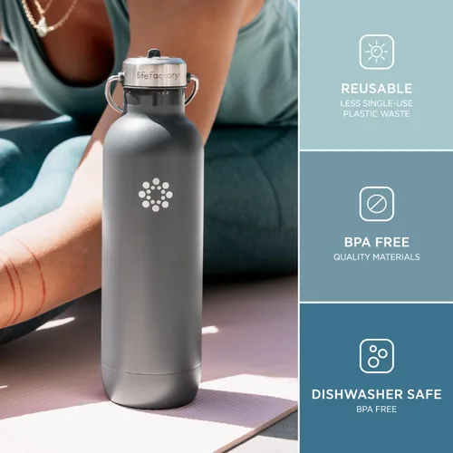 Miniatura 4 de Lifefactory Botella deportiva aislada al vacío de acero inoxidable con tapa de pajita, 24 onzas, carbono