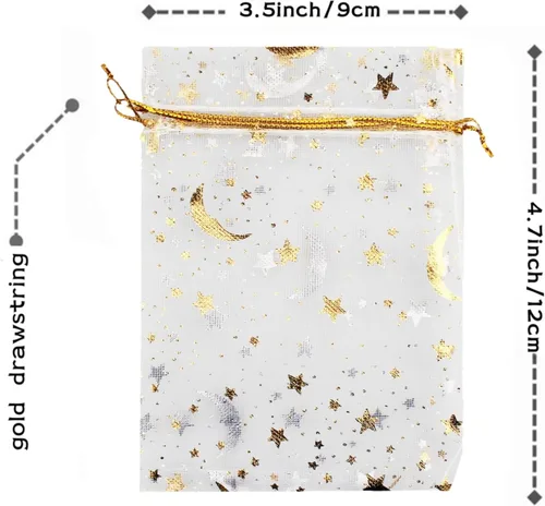 Miniatura 2 de QIANHAILIZZ - 100 bolsas de organza con diseño de estrellas y lunas para joyas, para regalo de caramelos, regalo de matrimonio, con cordón