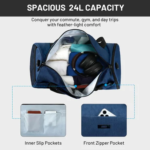 Miniatura 5 de MIER Bolsa de deporte redonda con compartimento para zapatos y bolsillo húmedo, bolsa de mano ligera para hombres y mujeres, entrenamiento, fitness