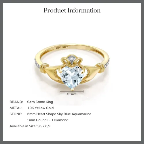 Miniatura 46 de Gem Stone King Anillo de compromiso claddagh celta irlandés de oro amarillo de 10 quilates con piedra preciosa en forma de corazón de 0.236 in