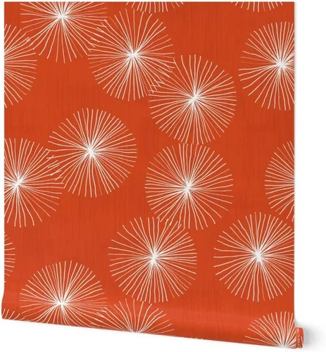 Spoonflower Muestro de papel tapiz extraíble - Dandelions Mid Century Mod Circle Copo de nieve redondo Minimalista Naranja Rojo Papel pintado