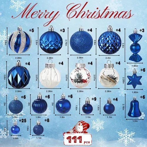 Miniatura 2 de Juego de 111 adornos de bolas de Navidad, conjunto de adornos de Navidad inastillables surtidos, paquete de colgantes lujosos para árbol de Navidad