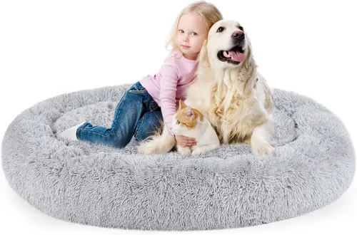 Miniatura 17 de Cama para perros, cama calmante para gatos, cama de felpa de piel sintética con forma de rosquilla para mascotas, cama redonda para perros y gatos