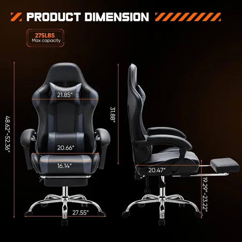 Miniatura 3 de Silla de juegos resistente, silla ergonómica para videojuegos para oficina en casa con reposapiés, soporte lumbar, respaldo ajustable, ruedas