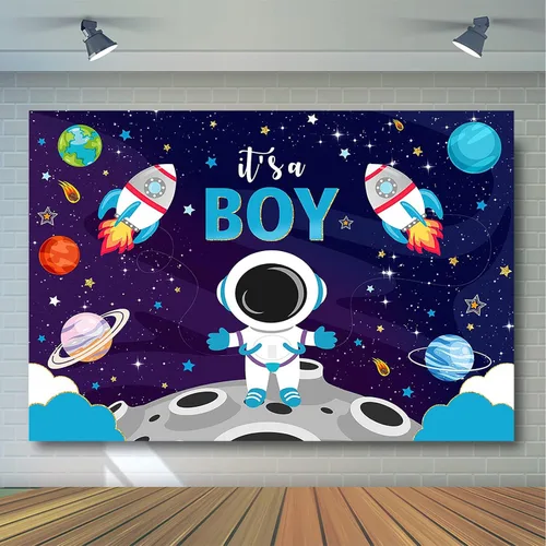 Miniatura 3 de Avezano Telón de fondo para baby shower con texto en inglés "It's A Boy", astronauta azul, decoración de fiesta de baby shower, temática