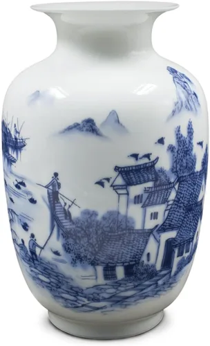 Miniatura 10 de Dahlia Jarrón azul y blanco, florero de porcelana china hecho a mano, montaña celestial, forma de rouleau de 14 pulgadas