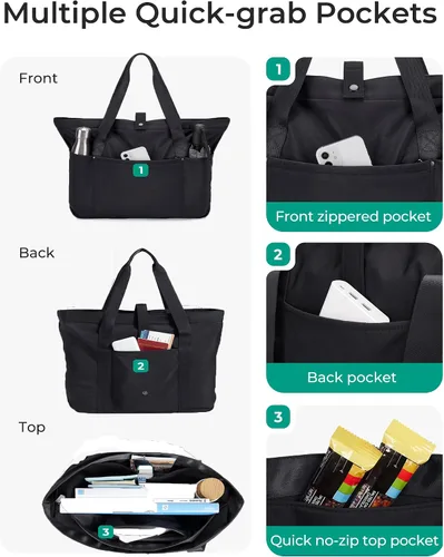 Miniatura 6 de BAGSMART Bolsa de mano para mujer, bolsa de mano plegable con cremallera, bolsa de hombro grande de viaje para el trabajo-16.5 pulgadas de largo x 6