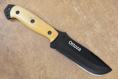 Miniatura 6 de Ottoza Cuchillo de caza de hoja fija con funda de cuero y transporte horizontal, cuchillo de supervivencia y campamento al aire libre de espiga