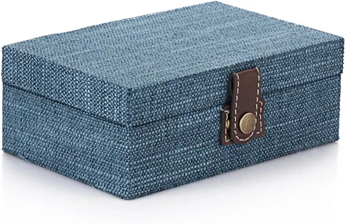 Miniatura 8 de Hipiwe Joyero de cofre del tesoro, caja decorativa de madera con cierre, caja de recuerdos cubierta de lino, caja de recuerdos rectangular