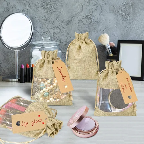 Miniatura 4 de GIOIPC 20 bolsas transparentes de arpillera de lino de 5 x 7 pulgadas con cordón y etiquetas de regalo adicionales para boda y cumpleaños, bolsas