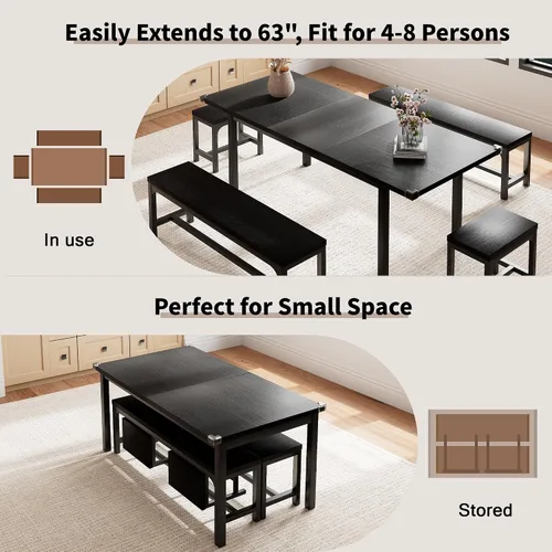 Miniatura 3 de Einhomn Juego de Mesa de Comedor de 5 Piezas para 4-6, Mesa de Cocina Extensible de 63" con 2 Bancos y 2 Taburetes, Estructura de Metal y Tablero