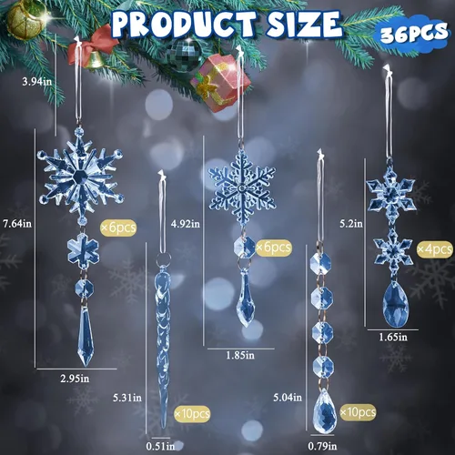 Miniatura 5 de GuassLee 36 piezas Adornos de Cristal para Árbol de Navidad - Copos de Nieve Acrílicos Azules Carámbanos Gota Cristal Adornos Colgantes para Árbol