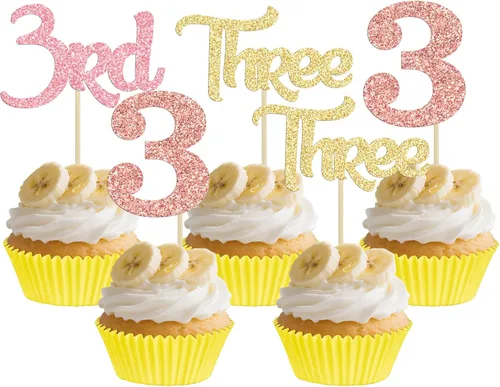 Miniatura 16 de 24 piezas de adornos para cupcakes de tercer cumpleaños, adornos para cupcakes de tercer cumpleaños con purpurina, tres adornos para cupcakes