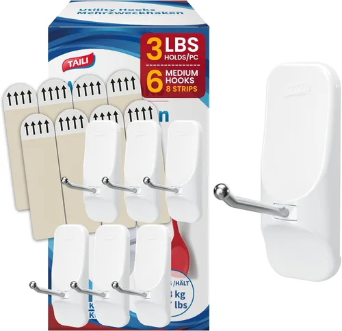 Miniatura 13 de TAILI Ganchos para Colgar, 2 Ganchos Adhesivos Grandes de Plástico y 4 Tiras Adhesivas, Ganchos Utilitarios Blancos para Pared Pintada, Sin Daños