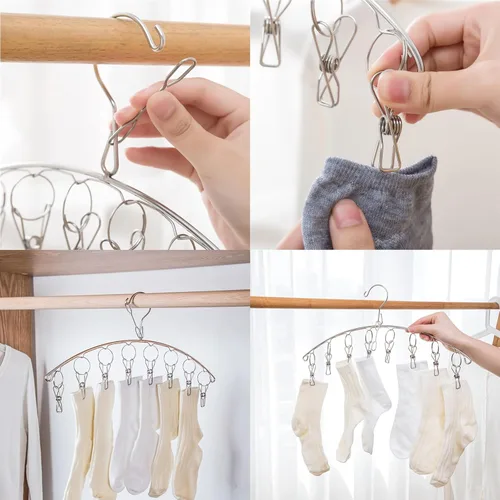 Miniatura 5 de 2 perchas de secado de ropa con 16 clips, estante de secado de aire de calcetines de acero inoxidable, resistente al viento, antipérdida para todos