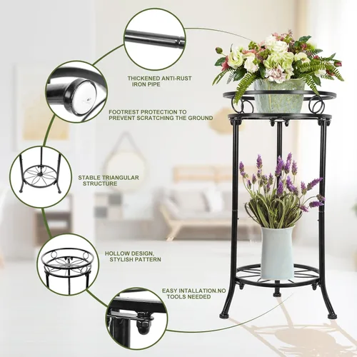 Miniatura 4 de Soporte de Plantas de Interior de 2 Niveles, Soportes de Plantas de Metal Altos para Exterior de 20.3 Pulgadas Negros, Soporte de Esquina Individual