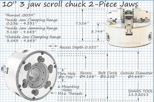 Miniatura 2 de Shars 10" 3 mandíbula auto centro D1-6 Torno de montaje Chuck Reversible .0039 TIR Cert 202-5441 R[