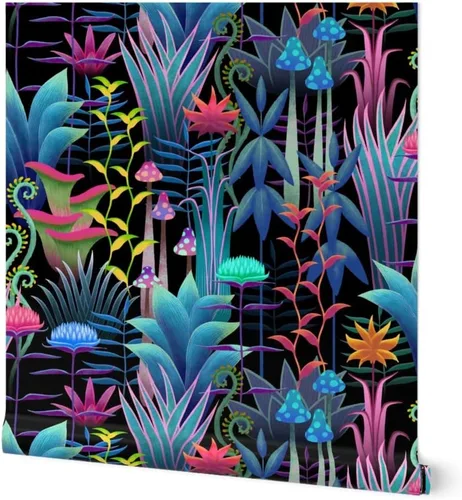 Muestro de papel tapiz extraíble - Bioluminiscente Selva Floral Árboles Fantástico Helecho Papel pintado personalizado pre-pegado por Spoonflower