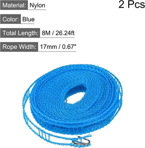 Miniatura 2 de uxcell Tendedero portátil, de nailon de 26.24 pies, resistente al viento, antideslizante, cuerda de lavado para patio, viajes al aire libre, Azul