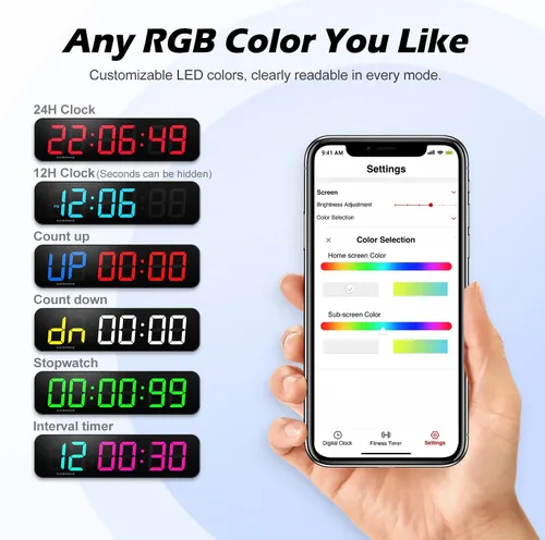 Miniatura 4 de Reloj de pared digital grande de 15.2 pulgadas con aplicación y control remoto, colores RGB personalizables, 10 alarmas, cronómetro, cuenta