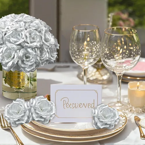 Miniatura 7 de 20 cabezas de rosas artificiales, flores artificiales a granel para manualidades, cabeza de flor de seda de rosa falsa de 3 pulgadas para Plata